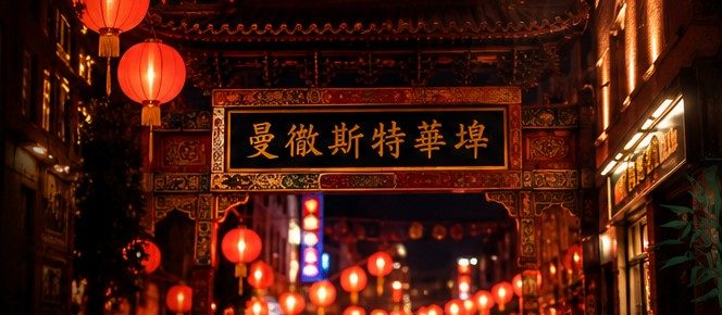 Manchester Chinatown arch lit with red lanterns at night